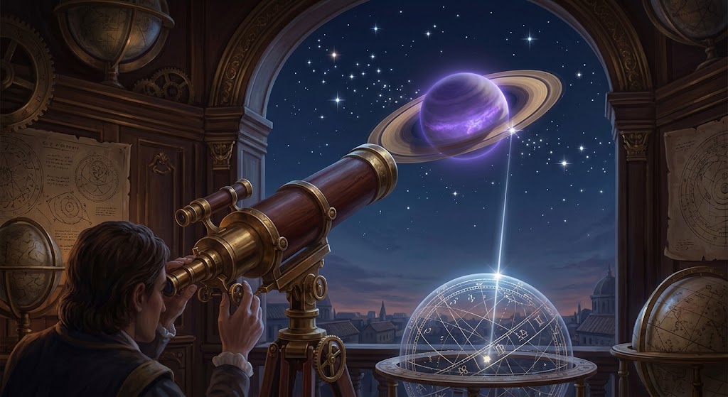 Astronomer observing Saturn through telescope.