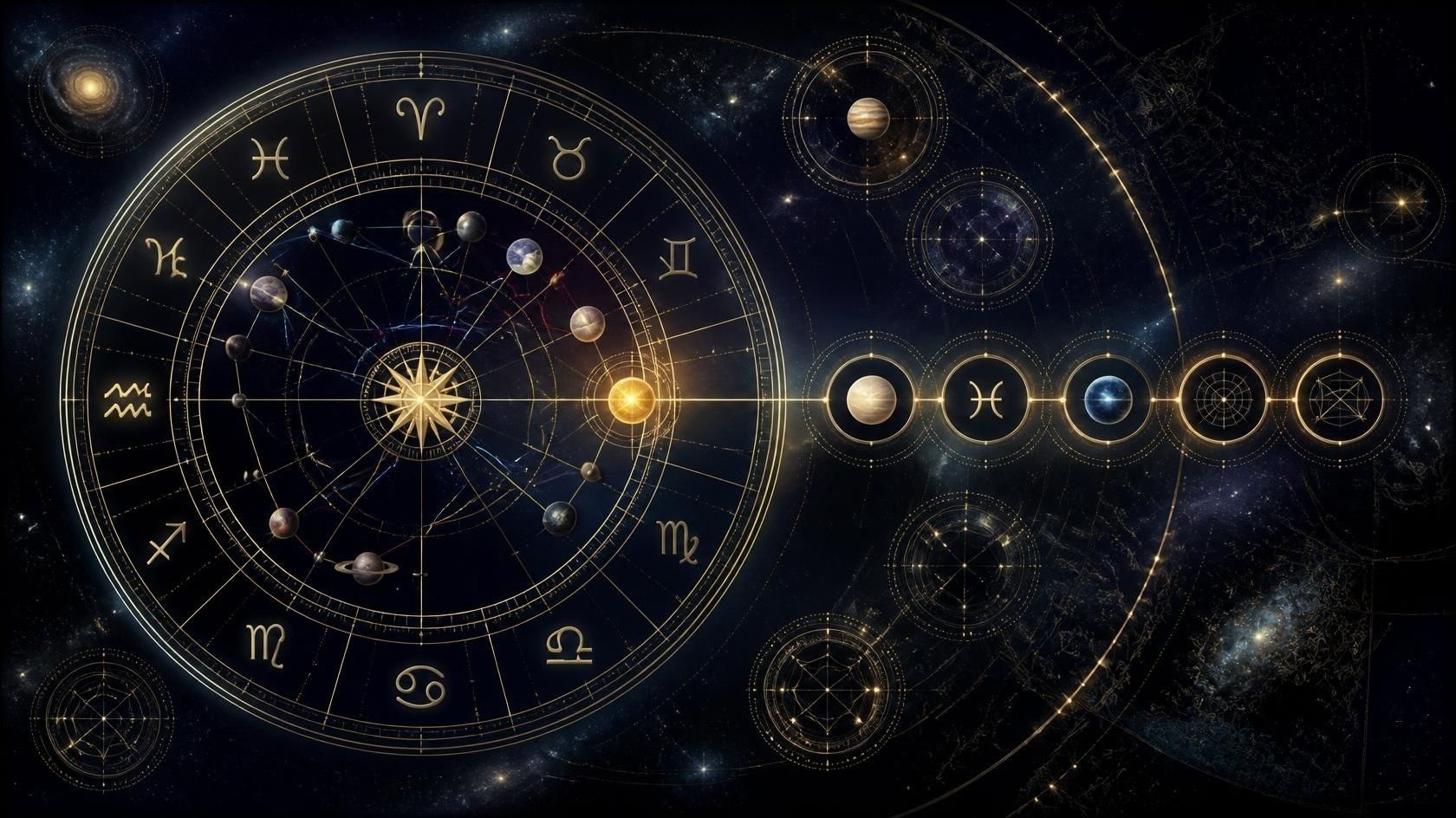 Celestial chart with zodiac signs and planets